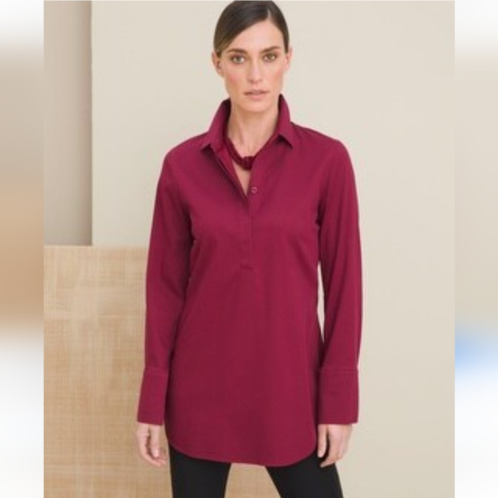 Chico's Red Long Sleeve Relaxed Top with Notched Collar